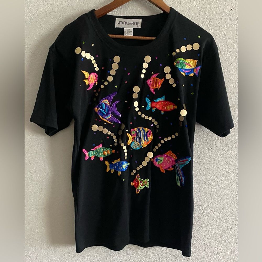 Vintage Colorful Embellished Appliqué Tropical Fish Bubbles Black T-Shirt S